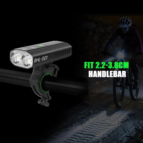 Heavy Duty Aluminum Bike Light Mount Bracket For Handlebar Mounting Fits BHL001 Headlights shown on bicycle at night