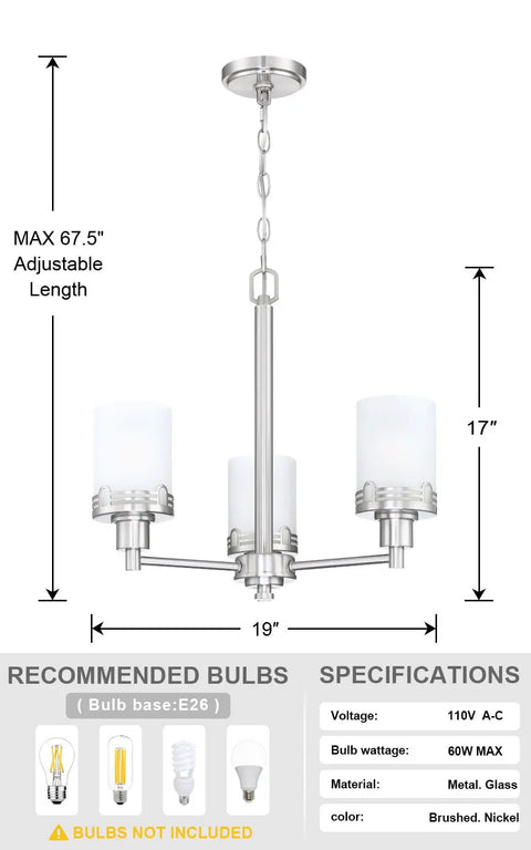 Three Light Fashion Kitchen Island Chandelier With Frosted Glass Shades And Hollow Metal Shade, Brushed Nickel Finish, Max Length 67.5 inches