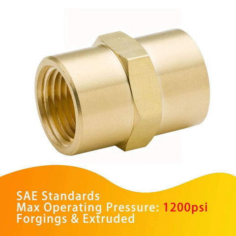 1/8 inch NPT brass coupling for high-pressure systems, SAE standards, 1200 PSI, corrosion resistant, ideal for water, air, gas lines.