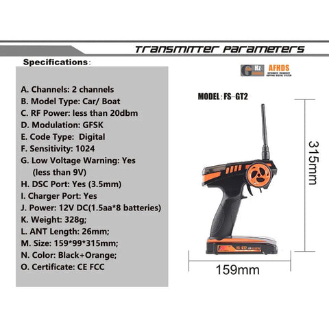 Image of GT2 2.4GHz RC Transmitter With GR3E Receiver, specifications listed beside the black and orange digital transmitter.