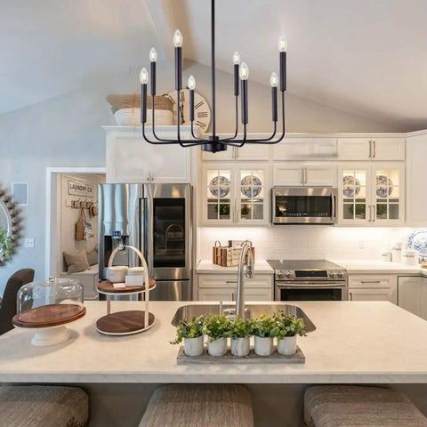 Eight Light Modern Farmhouse Black Chandelier For Dining Room And Living Areas Matte Black Candle Style Ceiling Fixture