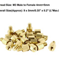 Heavy Duty M3 Brass Hex Spacer Standoffs Male Female Threaded Pillars Built Tough Motherboard Circuit Board Mounts For PC Rig And DIY Hardware Project Builds 20 Pack Set - Close up of M3 threaded pillars in gold finish.