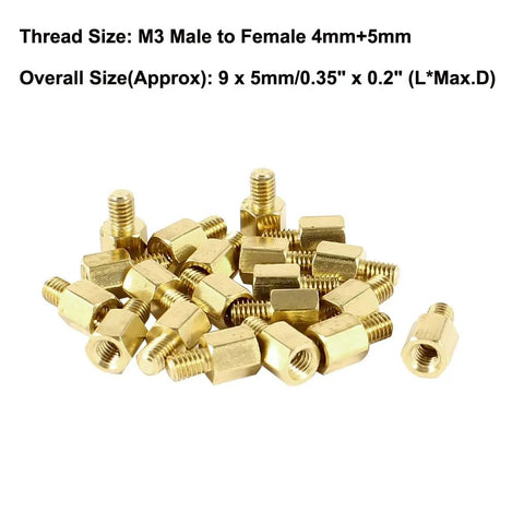 Heavy Duty M3 Brass Hex Spacer Standoffs Male Female Threaded Pillars Built Tough Motherboard Circuit Board Mounts For PC Rig And DIY Hardware Project Builds 20 Pack Set - Close up of M3 threaded pillars in gold finish.