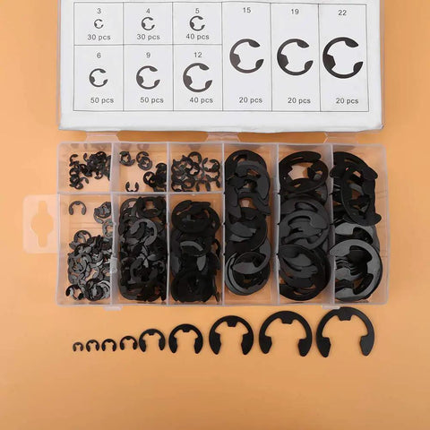 Heavy Duty 300Pcs Metal E Clip Retaining Rings Set For Repair Shops And Home Use High Grade Steel Build in organized box, various sizes.