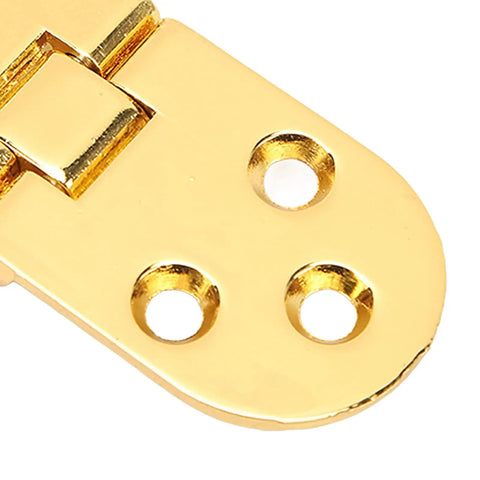 Close-up view of 180 Degree Flap Hinge In Bright Gold 0.09 Inch Thick Metal with zinc alloy construction showing screw holes.