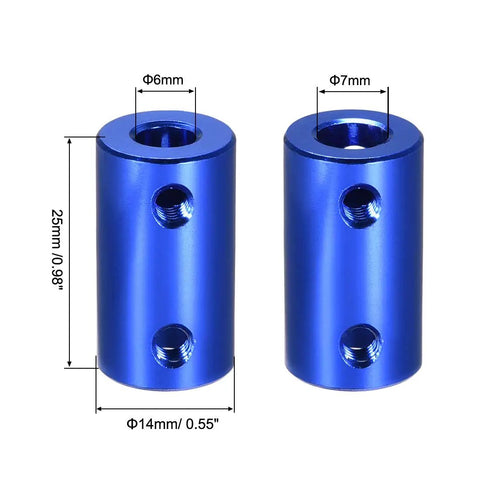 6mm To 7mm Bore Rigid Shaft Coupler With Set Screws In Aluminum Alloy 25mm Length 14mm Outer Diameter Dark Blue 2 Pack, shown with 6mm and 7mm bores