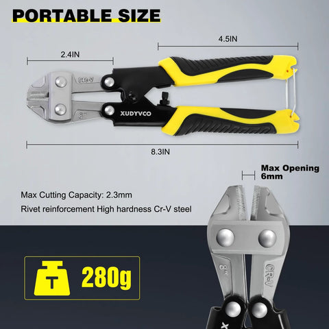 XUDYVCO 8-inch bolt cutters with yellow and black non-slip grips for heavy-duty cutting