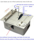 Mini Dual Motor Table Saw With 360W For Hella Precise Woodworking Cuts And Sweet Home Shop Projects Featuring Badass Aluminum Alloy Platform Setup Now showing adjustable saw blade height mechanism.