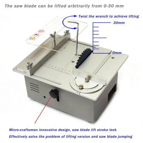 Mini Dual Motor Table Saw With 360W For Hella Precise Woodworking Cuts And Sweet Home Shop Projects Featuring Badass Aluminum Alloy Platform Setup Now showing adjustable saw blade height mechanism.