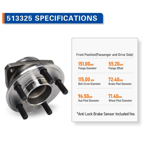 Side view of 2 Pack Front Wheel Hub And Bearing Assembly 513325 For 2012 To 2020 Chrysler 300 Dodge Challenger And Dodge Charger RWD 3.6L 5.7L Durable Replacement Kit showing specifications
