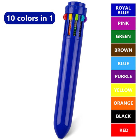 10 In 1 Multicolor Retractable Ballpoint Pens Set With 0.7mm Tips Navy Blue Barrel Includes Black Blue Red Orange Yellow Pink Brown Light Blue Green
