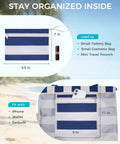 Large Waterproof Sandproof Beach Tote Bag With Zipper, Family Pool Bag With 40oz Tumbler Pocket, navy interior compartments