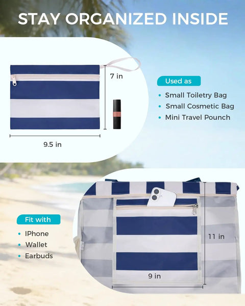 Large Waterproof Sandproof Beach Tote Bag With Zipper, Family Pool Bag With 40oz Tumbler Pocket, navy interior compartments