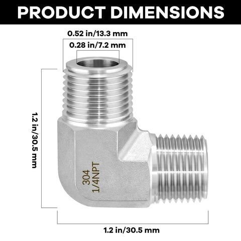 304 stainless steel 90-degree street elbow, 1/4 in NPT male x 1/4 in NPT male pipe fitting