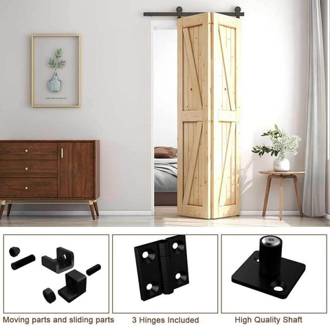 Built Tough Heavy Duty Bi Folding Sliding Barn Door Hardware Kit for Two Doors installed in a room, with wooden doors and track visible.