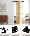 Heavy Duty Bi Folding Sliding Barn Door Hardware Kit For Two Doors 3 Foot Track 36 Inch Frosted Black Carbon Steel Rust Resistant Durable Hardware Kit Only No Door with components shown and door installed