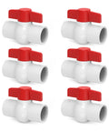 Six Pack Heavy Duty PVC Shut Off Ball Valves Featuring One Inch NPT Female Threads And Red T Handles Rated To 150 PSI, side view.