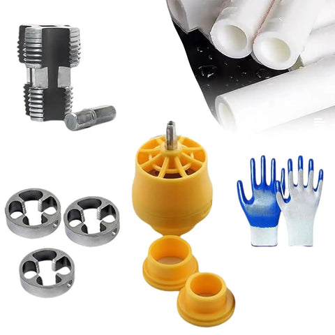 PVC Pipe Threader Kit With Three Die Sizes For Flexible Plumbing Projects, Electric Drill Compatible Threading Tool Set For Quick Install, Stable, Efficient, And Pro Grade For Pros And DIY. PVC dies, threading head, and gloves