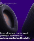 Close-up of fabric-covered memory foam ear cushions on wired over ear gaming headset with detachable microphone mute option.