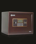 Easy-To-Use Home Safe With Emergency Key Reprogrammable 3 To 8 Digit Code Turn Knob Access Portable Yet Sturdy Steel Box in brown.