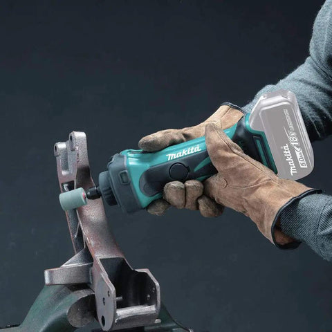 Heavy Duty 18V Cordless Die Grinder Delivering Gutsy 26000 RPM Via Slick Quarter Inch Chuck in use on metal.