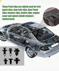 Universal Car Retainer Clips Kit With 200 Pcs Nylon Fasteners shown with car parts illustration.