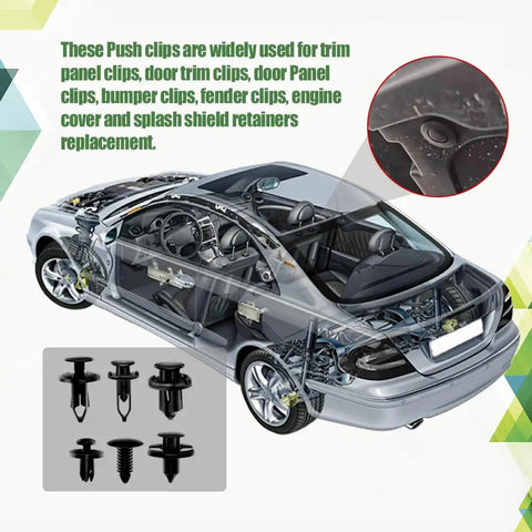 Universal Car Retainer Clips Kit With 200 Pcs Nylon Fasteners shown with car parts illustration.