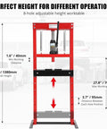 Front view of 12 Ton Hydraulic Press For Home Garage And Shop, Heavy Duty Adjustable H-Frame Floor Press, highlighting adjustable worktable.