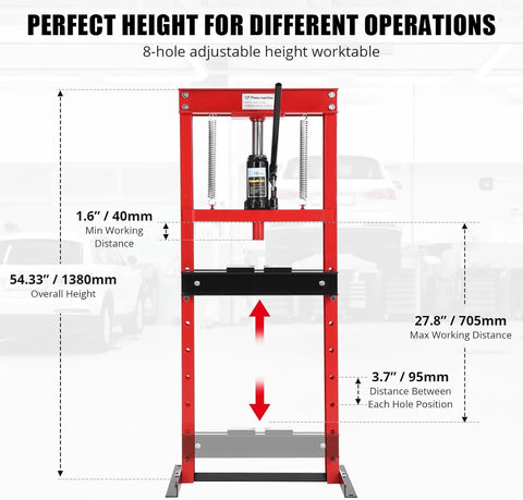 Front view of 12 Ton Hydraulic Press For Home Garage And Shop, Heavy Duty Adjustable H-Frame Floor Press, highlighting adjustable worktable.