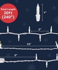 Ultra Bright White Christmas Lights 100-Count, 20 Ft Clear Wire String Lights dimensions diagram on blue background with snowflakes.