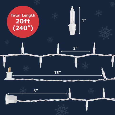 Ultra Bright White Christmas Lights 100-Count, 20 Ft Clear Wire String Lights dimensions diagram on blue background with snowflakes.