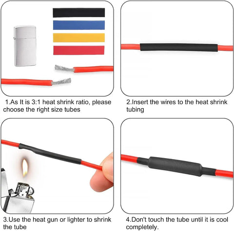 164Pcs Heat Shrink Tubing Kit With 8 Sizes Electric Insulation Tubing being applied to wires with heat and lighter shown.