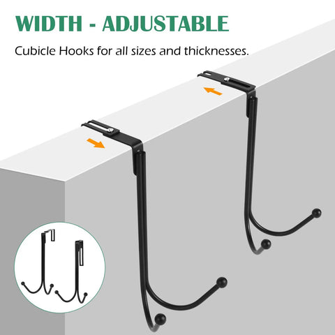 Two Pack Adjustable Cubicle Hooks Heavy Duty Double Coat Hangers For Partition Wall Panels Fits 1.3 To 3.6 Inch Thickness Black Metal