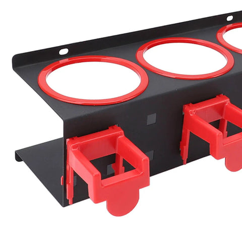 Close-up of Heavy Duty Wall Mounted Spray Bottle Rack With 5 Plastic Hanging Hooks for car wash detailing supplies.