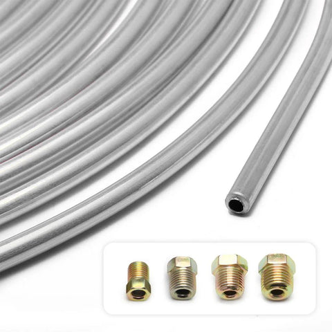 Copper brake line coil with four inverted flare fittings, 25 ft, 3/16 in zinc-plated, close-up of tube end