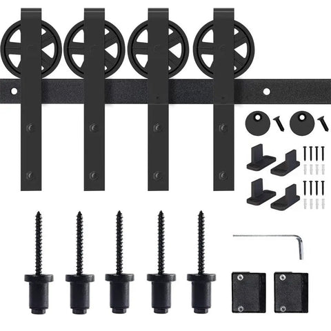 Premium Heavy-Duty Sliding Barn Door Hardware Kit With Oversized Rollers For Double Doors includes black rollers and mounting hardware.