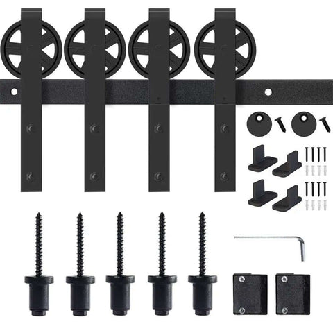 Heavy Duty Sliding Barn Door Hardware Kit With Big Rollers Bent Hanger System For Double Doors In Black Finish laid out