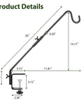 Heavy Duty 20 Inch Deck Hook With Swivel Wing Nut Design For Hummingbird Feeders Rust Proof Black Metal S Hook dimensions and design features.