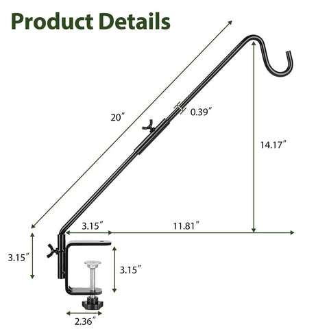 Heavy Duty 20 Inch Deck Hook With Swivel Wing Nut Design For Hummingbird Feeders Rust Proof Black Metal S Hook dimensions and design features.