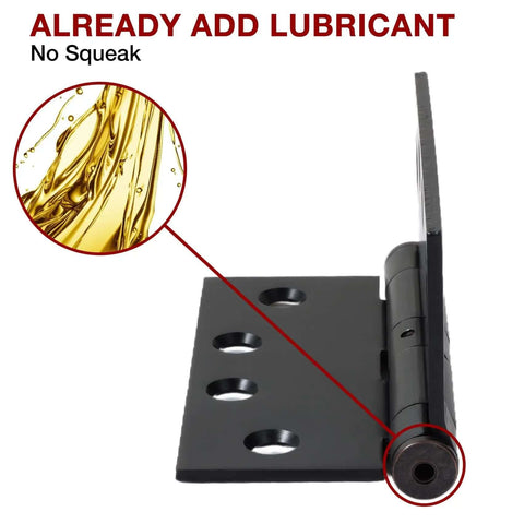 Close-up of 3 Pack Oil Rubbed Bronze 4.5 Inch Heavy Duty Commercial Door Hinges with lubricant, showing hinge, holes, and swing capacity