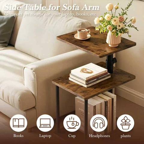 C Shaped End Table With 360 Degree Swivel Height Adjustable Sofa Side Table With Storage Open Shelf 3 Tier Night Stand TV Tray For Small Spaces Rustic Brown Living Room Bedroom next to sofa with flowers and books.
