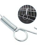 Front view of a silver metal spring latch hook with ring and J-hook for securing small pet cages.