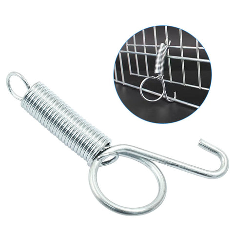 Front view of a silver metal spring latch hook with ring and J-hook for securing small pet cages.