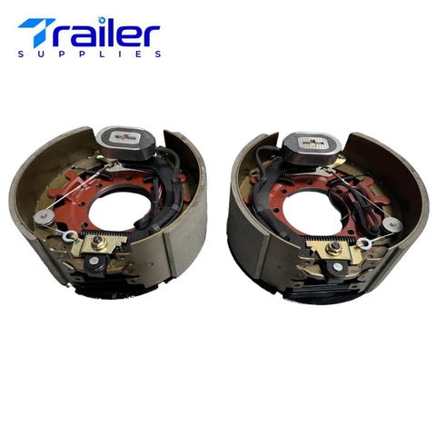 Top view of two self-adjusting electric trailer brake assemblies, 12-1/4 x 5 in for 12,000–15,000 lb axles.