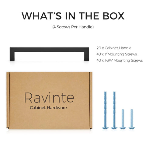 Image showing contents of 20 Pack 7-1/2 Inch Square Kitchen Cabinet Handles Matte Black Pulls For Cupboard And Drawer with screws and box.