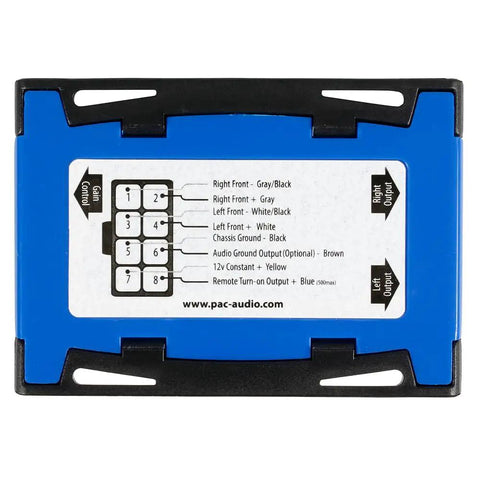 Top view of PRO Series 2 Channel Line Output Converter With Remote Turn On For OEM Car Audio Upgrades, blue with labels