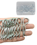 Heavy Duty Hitch Pins R Clips Cotter Pins Set For Secure Locking In Hitch Pin Systems, shown in hand and storage box