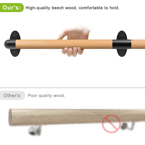 52 Inch Wood Handrail For Indoor Stairs With Wall Mount And Metal Brackets, Rock Solid Barrier Free Grab Bar For Elderly shown in beech wood