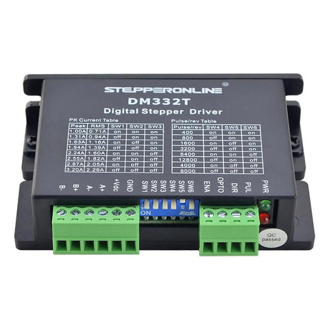 Stepperonline DM332T digital stepper driver module with green terminal blocks, front view