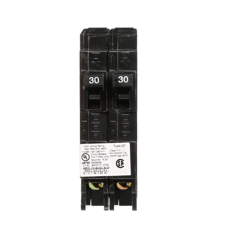 Q3030 Tandem 30 Amp 120 Volt Circuit Breaker With CTL Rejection, Type QT, Plug-In Insta-Wire Connectors, 10,000 AIC, Dual 30A Breaker For 120V Load Centers, Easy Install And High Current Protection. Black dual 30A breaker front view